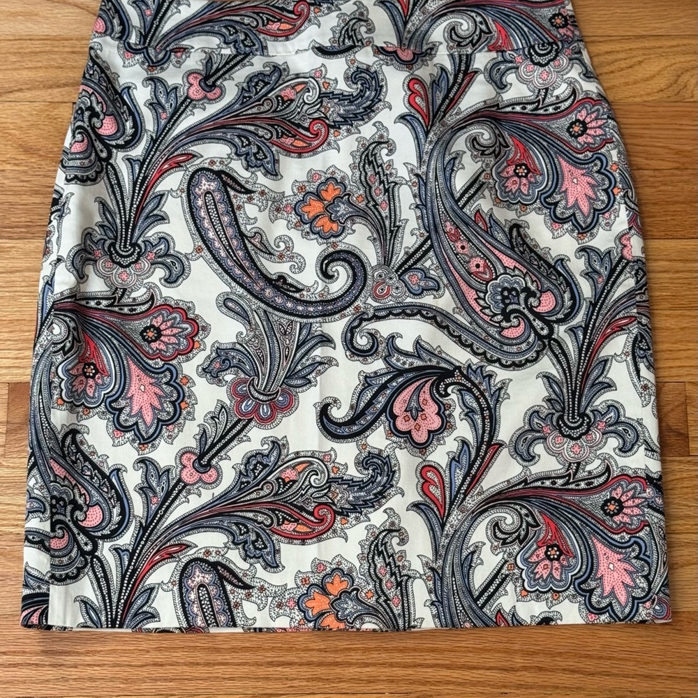 Ann Taylor Paisley Pencil Skirt - Black, White, with Pink, Blue & Orange